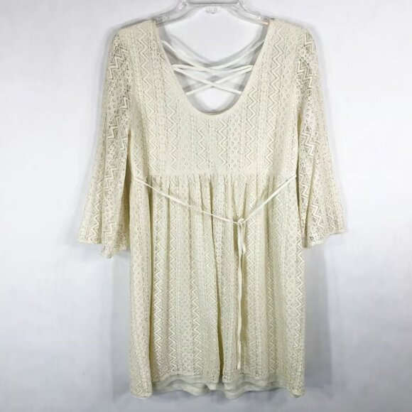 Flying Tomato Medium Dress Mini Embroidered Lace Lined White Boho CrissCross - Picture 2 of 3